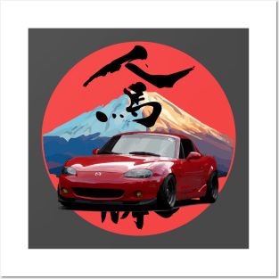 Red NB Mazda Miata/MX-5 - Mount Fuji Jinba Ittai Roadster Life Posters and Art